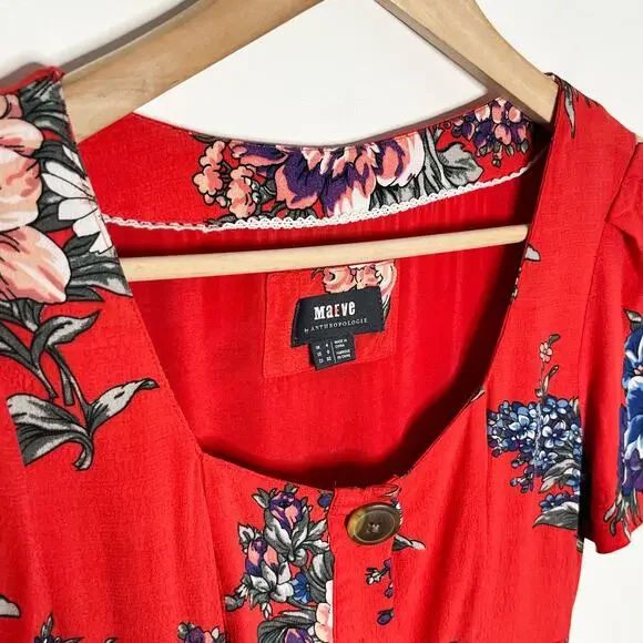 Maeve By Anthropologie Women's Caldwell Button Down Dress Size 0 Red Floral - Picture 5 of 12